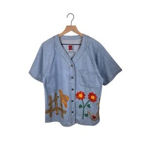 Vintage 90s Y2K Sunbelt Denim Shirt Flower Garden Applique Size Small Cottage